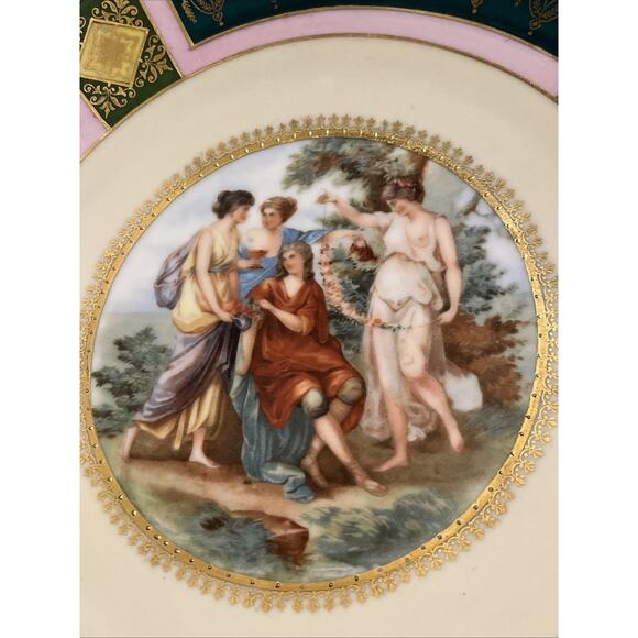 2 VINTAGE CZECH PORCELAIN GOLD GILT Plates Celebrate 3 Muses Handles - Picture 3 of 4